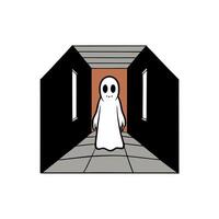 White spooky ghostly figure flying at the end of a dark corridor in abandoned haunted house. horror story illustration vector