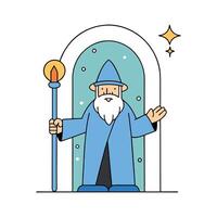 Wizard standing in front of magical portal with wand in his hand vector