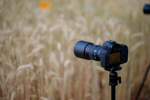 Photographer sets up a camera to capture the view of a traveler, a nature lover, peace and relaxation in nature. photo