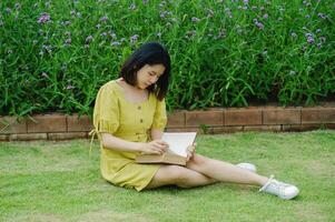 Reading books and smiling happily, brain food, learning and gaining knowledge from books in free time. photo