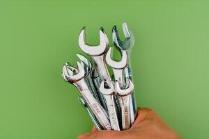 Wrench, a set of machinery maintenance technicians, important working tools in the engine room. photo
