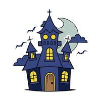 Cartoonish spooky haunted house from the outside at night with lightning and magical colors with smoke. scooby doo style with vector