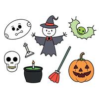 Cartoon set of isolated halloween elements on a white background a witch on a broomstick. bones. a pumpkin. a vampire. a ghost. a cauldron with a potion. a zombie. vector