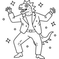 Crazy party with funny weird guy in animal mask having fun. A strange man wearing a white suit and a silly. ugly dinosaur mask dances alone on a pink background. vector