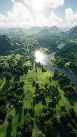 A 3d rendering of a green landscape with a river photo