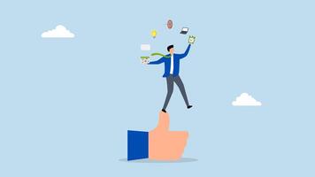 competence and ability to success in work, 4k animation of Skilled entrepreneur balancing work materials while giving a thumbs up gesture. video