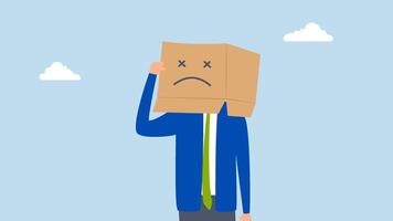 Unsatisfied customer, 4k animation of Unhappy man in a cardboard box with a sad expression, feeling frustrated. video
