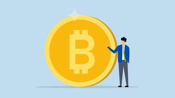 What is Bitcoin and blockchain technology, 4k animation of Entrepreneur specialist provides a detailed explanation of blockchain technology on a Bitcoin coin made of gold. video