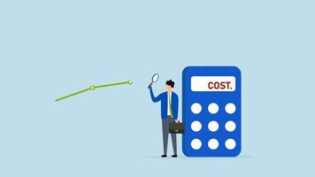Cost management, 4k animation of Intelligent entrepreneur examining cost chart with calculator through magnifying glass. video