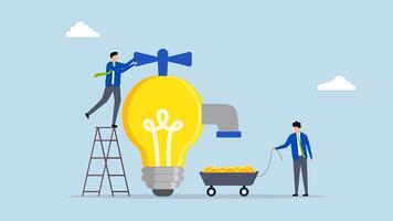 Idea to make money, 4k animation of Entrepreneur turns on the lightbulb of ideas to generate coins and make money. video
