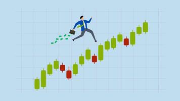 Success trader make profit with investment trading, 4k animation of businessman investor with a money briefcase runs confidently on a candlestick graph. video
