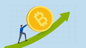 Bitcoin and crypto price rising up, 4k animation of Businessman investor working diligently to bolster the value of Bitcoin, propelling it higher on the ascending arrow graph and chart. video