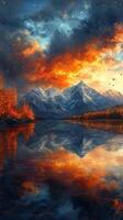 A painting of mountains and water with a sunset photo
