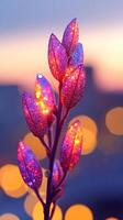 A plant with lights on it in front of a city photo