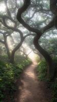 A path through the woods with trees and sun photo