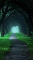 A path through a green forest with trees photo