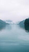 A calm lake with mountains in the background photo
