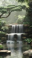 A waterfall in a garden with trees and rocks photo