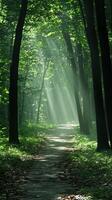 A path through the woods with sunlight shining through the trees photo