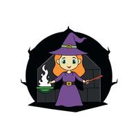 Beautiful witch making the witchcraft in a dark and scary dungeon. Halloween image. vector