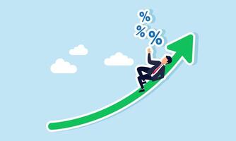 A businessman relaxes on an upward-trending graph while envisioning percentages, illustrating the relationship between company performance and revenue growth vector