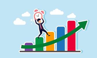 A businessman carrying an alarm clock climbs a rising graph, illustrating how an efficient team performance boosts the company's success. vector