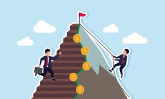 A businessman climbs a mountain with a dollar coin pattern using a rope, while others ascend a ladder, illustrating the different approaches entrepreneurs take to increase revenue. vector
