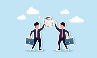 A businessman hands over a to-do list to another, illustrating the transition of tasks to a new employee or company leader. vector