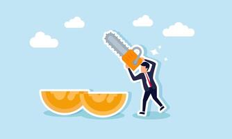 A businessman with a chainsaw cuts a dollar coin, illustrating the act of sharing profits or dividends with company shareholders vector