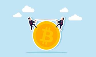 Two businessmen are tugging a rope over a bitcoin, illustrating differing strategies in analyzing bitcoin valuation. vector