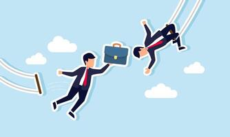 A businessman swings on a swing to hand over a briefcase to another businessman on a separate swing, illustrating the passing of tasks to a new employee vector