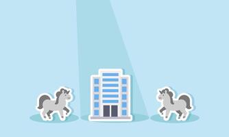 A company is highlighted by a spotlight while two unicorns remain in the shadows, illustrating a preference for conventional business models over potentially unicorn startups. vector