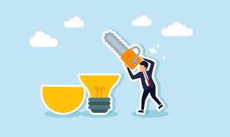 A businessman carrying a chainsaw cuts a lightbulb, illustrating the act of sharing ideas and innovations with business partners vector