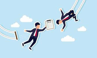 A businessman swings on a swing to hand over a to-do list board to another businessman on a separate swing, illustrating the transfer of work responsibilities to a new employee vector