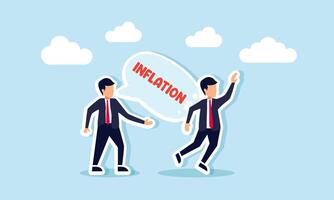 A businessman is pushed down by a text bubble saying INFLATION coming from another businessman, illustrating a company's instability due to inflation effects. vector