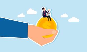 A businessman sits on a dollar coin held by a hand, illustrating the hiring of employees to analyze asset performance and company revenue. vector
