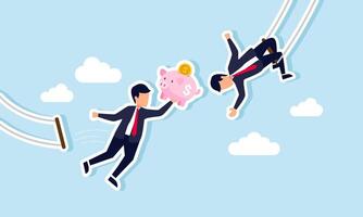 A businessman swings on a swing to hand over a piggy bank to another businessman on a separate swing, illustrating the inheritance of investment assets vector