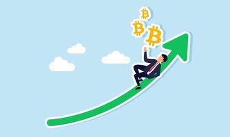 A businessman relaxes on an upward-trending graph while envisioning Bitcoin, illustrating the rising valuation of Bitcoin vector