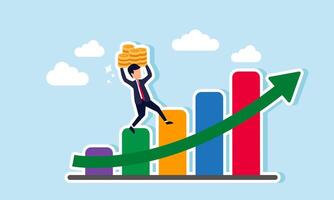 A businessman carrying a stack of coins climbs a rising graph, illustrating an increase in the company's wealth or revenue. vector