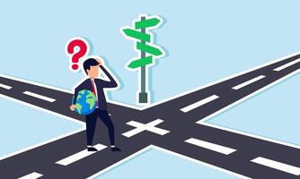 A businessman carrying a globe looks confused about which direction to take, illustrating uncertainty about current global trends. vector