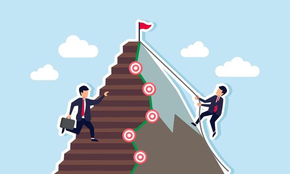 un empresario sube un montaña con un objetivo tablero modelo utilizando un soga, mientras otros ascender un escalera, ilustrando el diferente estrategias para lograr negocio objetivos. vector