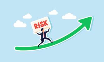 A businessman carrying a large paper that says RISK walks up a rising graph, illustrating the concept of high risk, high return vector
