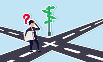 A businessman carrying a job description board looks confused about which direction to take, illustrating uncertainty in prioritizing tasks. vector