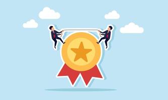 Two businessmen are tugging a rope over a trophy, illustrating the competition to earn the title of the best business in their field. vector