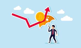 A businessman takes shelter under an umbrella from red bitcoin arrows, illustrating investment strategies to protect assets against declining bitcoin valuations. vector