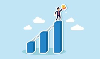 A businessman stands at the peak of a graph holding an award medal, illustrating the struggle of entrepreneurs to achieve top recognition in their field vector