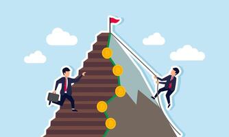 A businessman climbs a mountain with a Bitcoin pattern using a rope, while others use a ladder, different strategies for buy Bitcoin assets, like dollar-cost averaging or lump sum vector
