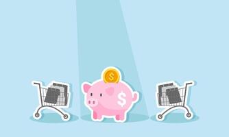 A piggy bank is highlighted by a spotlight while two trolleys remain in the shadows, illustrating a preference for investing rather than spending money on less important things. vector