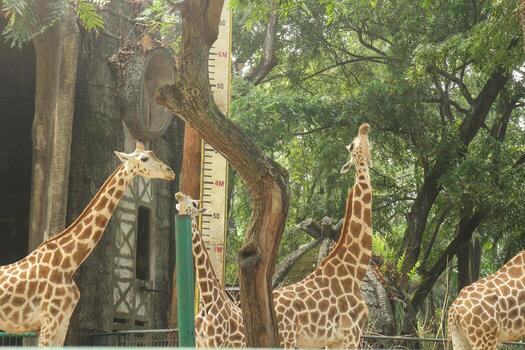 A group of giraffes standing in front of a building photo