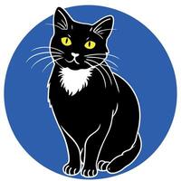 Black cat is perched atop a deep blue background its fur is a deep midnight shade and its eyes are a bright yellow that stands in stark contrast vector